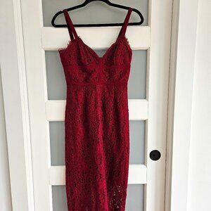 Keepsake magenta laced tea length dress
